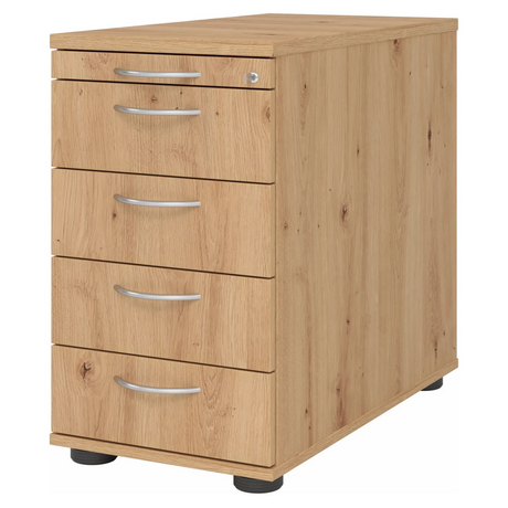 Cassettiera SIGNA SC50 in aspetto rovere frassino con cinque cassetti e maniglie a ponte argentate di hjh OFFICE PRO
