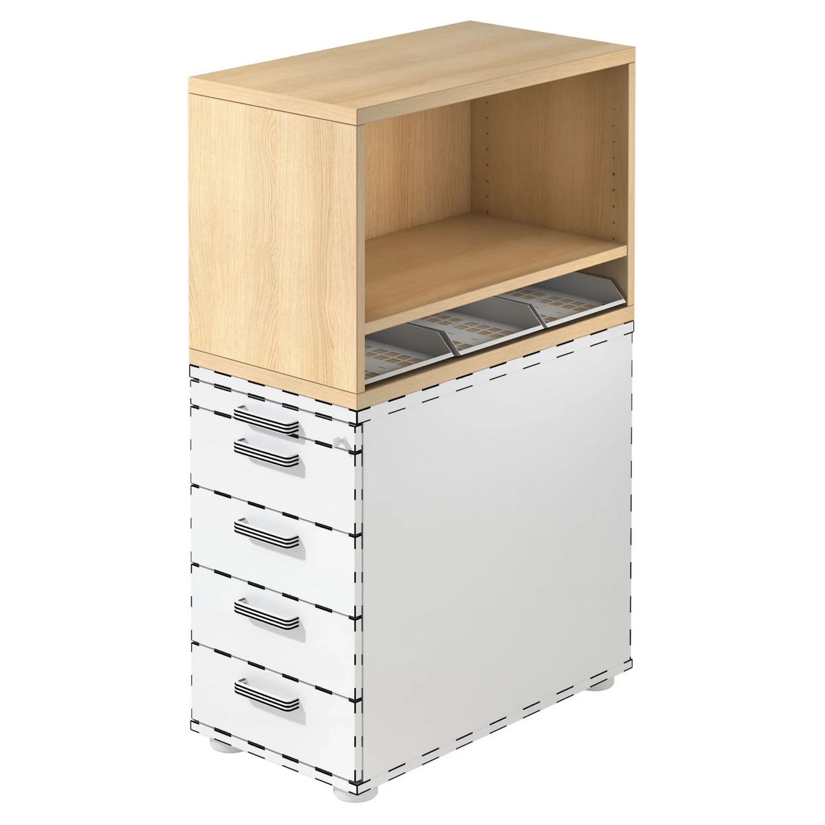 Cassettiera SIGNA SCA1 in effetto rovere con struttura bianca, cinque cassetti e un vano aperto di hjh OFFICE PRO