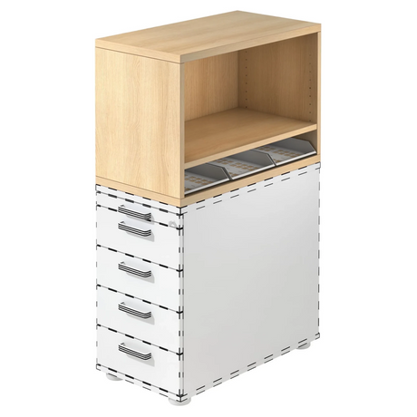 Cassettiera SIGNA SCA1 in effetto rovere con struttura bianca, cinque cassetti e un vano aperto di hjh OFFICE PRO