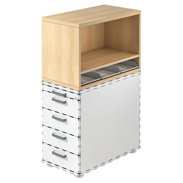 Cassettiera SIGNA SCA1 in effetto rovere con struttura bianca, cinque cassetti e un vano aperto di hjh OFFICE PRO
