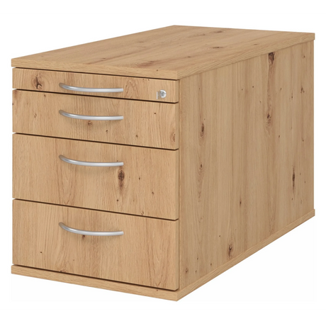Cassettiera con rotelle SIGNA TC30 in aspetto rovere cenere con quattro cassetti e maniglie ad arco argentate di hjh OFFICE PRO
