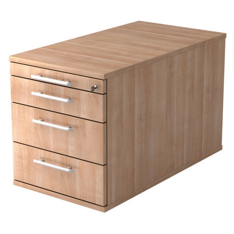 Cassettiera con rotelle SIGNA TC30 in aspetto legno con quattro cassetti e maniglie a barra bianche di hjh OFFICE PRO