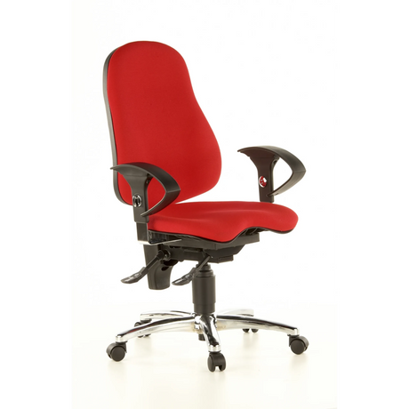 Sedia da ufficio professionale SITNESS 10 con rivestimento in tessuto rosso, braccioli neri e base in cromo di Topstar