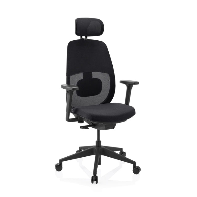 Sedia da ufficio professionale Skandis Pro in nero con poggiatesta e schienale in rete di hjh OFFICE
