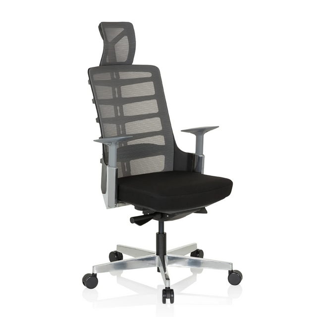 High-end Sedia da ufficio SKARIF in nero e grigio con schienale in rete e poggiatesta di hjh OFFICE