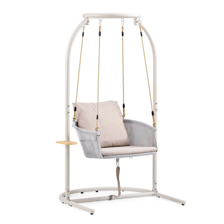 Sedia sospesa Skylo beige con struttura in metallo bianco e cuscino di seduta chiaro di hjh LIVING