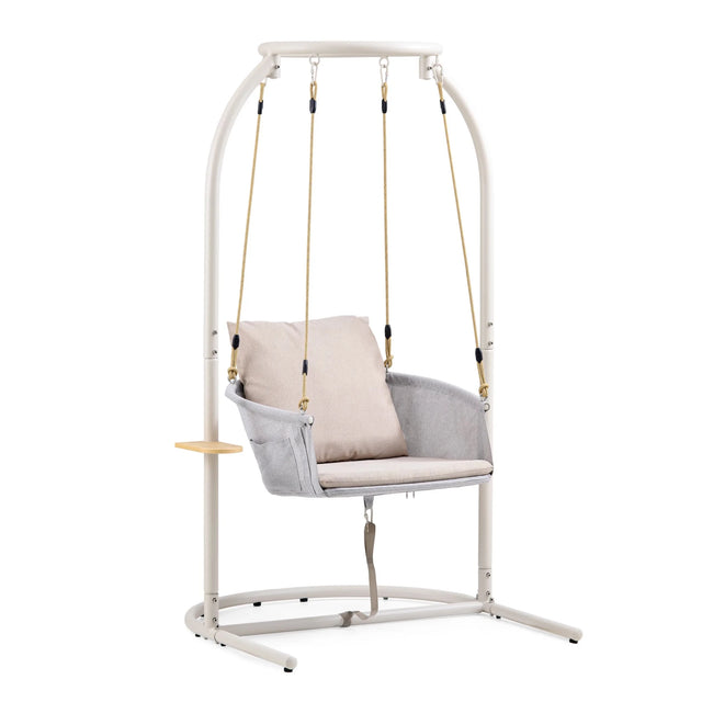 Sedia sospesa Skylo beige con struttura in metallo bianco e cuscino di seduta chiaro di hjh LIVING
