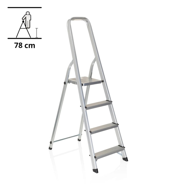 Scala richiudibile SOLID II in alluminio argentato con quattro gradini e corrimano di hjh OFFICE