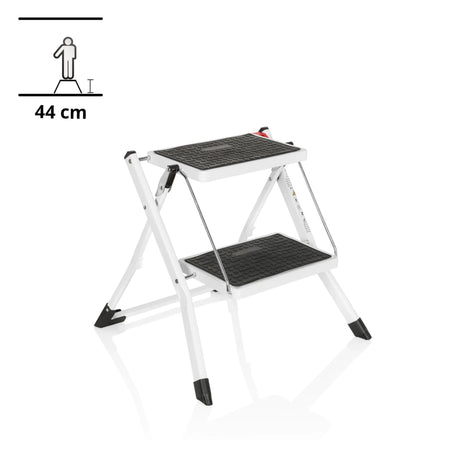 Scala richiudibile SOLID W1 bianca con due gradini neri e un'altezza di 44 cm di hjh OFFICE