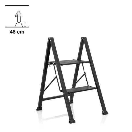 Scala richiudibile SOLID W5 nera con due gradini e un'altezza di 48 cm di hjh OFFICE