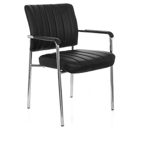 Sedia a quattro gambe SOMOS V nera con rivestimento in ecopelle, impunture trasversali e struttura cromata di hjh OFFICE