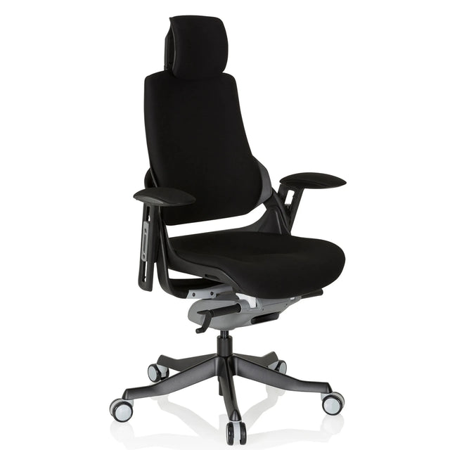 Sedia da ufficio professionale SPEKTRE BLACK nera con rivestimento in tessuto, poggiatesta e braccioli di hjh OFFICE