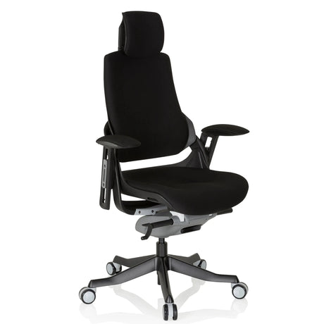 Sedia da ufficio professionale SPEKTRE BLACK nera con rivestimento in tessuto, poggiatesta e braccioli di hjh OFFICE