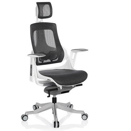 Sedia da ufficio professionale SPEKTRE con rivestimento in rete grigia, poggiatesta e struttura bianca di hjh OFFICE