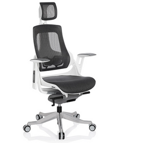 Sedia da ufficio professionale SPEKTRE con rivestimento in rete grigia, poggiatesta e struttura bianca di hjh OFFICE