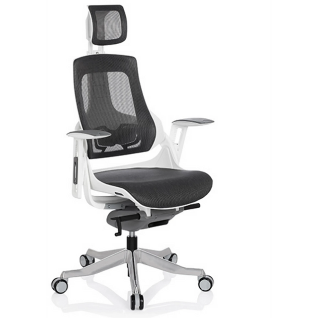 Sedia da ufficio professionale SPEKTRE con rivestimento in rete grigia, poggiatesta e struttura bianca di hjh OFFICE
