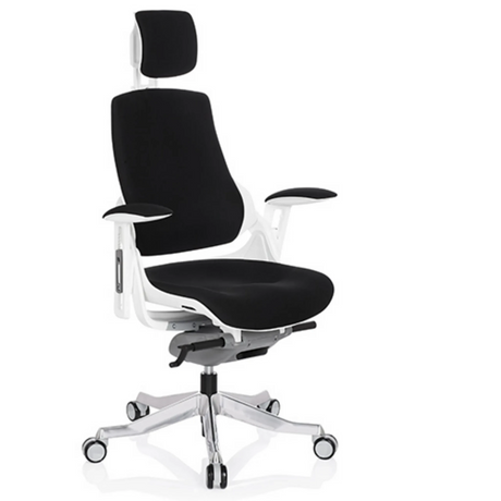Sedia da ufficio professionale SPEKTRE con rivestimento in tessuto nero, struttura bianca e poggiatesta di hjh OFFICE