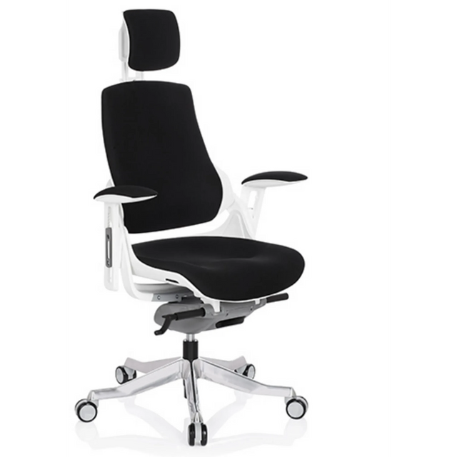 Sedia da ufficio professionale SPEKTRE con rivestimento in tessuto nero, struttura bianca e poggiatesta di hjh OFFICE