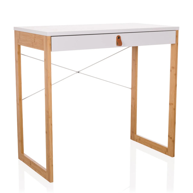 Scrivania TAROLO II con piano bianco, un cassetto e struttura in bambù di hjh LIVING