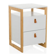 Tavolino TAROLO III in bianco con struttura in bambù e due cassetti con maniglie in pelle di hjh LIVING