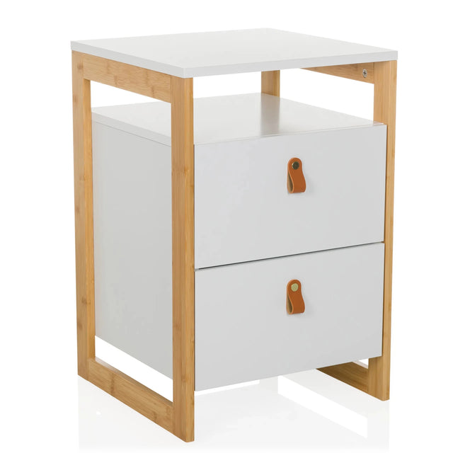 Tavolino TAROLO III in bianco con struttura in bambù e due cassetti con maniglie in pelle di hjh LIVING