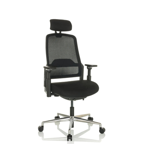 Sedia da ufficio professionale TERARO AX in nero con schienale in rete, poggiatesta e base a stella di hjh OFFICE