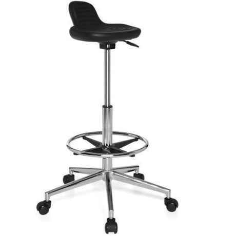 Sgabello girevole TOP WORK 03 nero con struttura cromata, poggiapiedi e ruote di hjh OFFICE