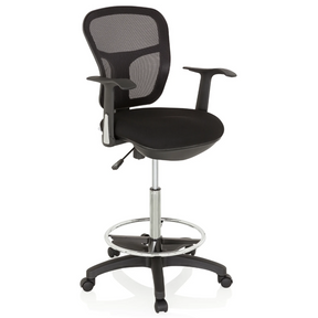 Sedia da banco TOP WORK 108 nera con schienale in rete, poggiapiedi e base a stella con ruote di hjh OFFICE