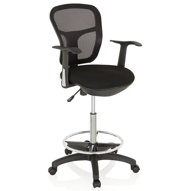 Sedia da banco TOP WORK 108 nera con schienale in rete, poggiapiedi e base a stella con ruote di hjh OFFICE