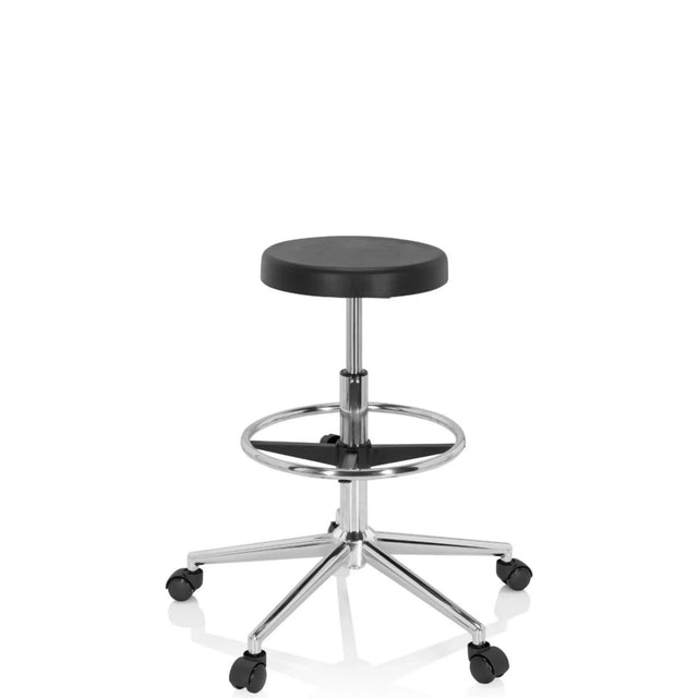 Sgabello girevole nero TOP WORK 14 I con base a stella cromata, poggiapiedi e ruote di hjh OFFICE
