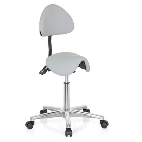 Sgabello a sella grigio TOP WORK 20 con schienale e base a stella lucida su ruote di hjh OFFICE