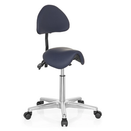 Sgabello a sella TOP WORK 20 blu con schienale e base a stella argento su ruote di hjh OFFICE