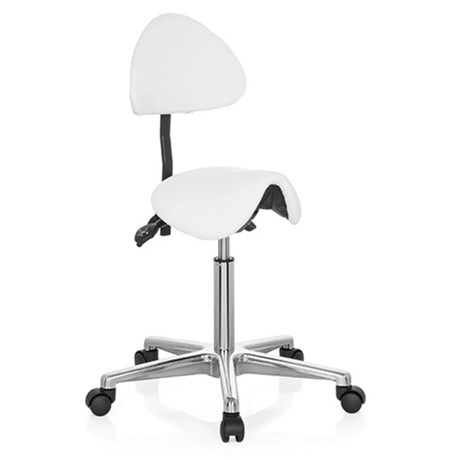 Sgabello a sella TOP WORK 20 bianco con schienale e base a stella cromata su ruote di hjh OFFICE
