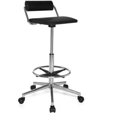 Sgabello girevole nero TOP WORK 28 con struttura cromata, poggiapiedi e ruote di hjh OFFICE