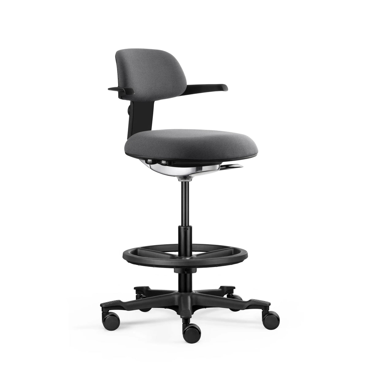 Sedia da lavoro TOP WORK 40 grigio scuro con braccioli, poggiapiedi e base a stella con ruote di hjh OFFICE