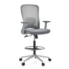 Sedia da banco Top Work 44 W grigia con schienale in rete, poggiapiedi e base a rotelle di hjh OFFICE