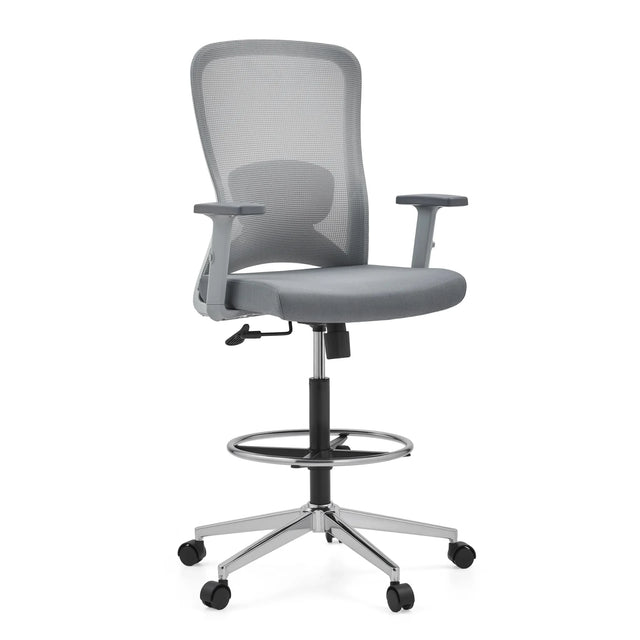 Sedia da banco Top Work 44 W grigia con schienale in rete, poggiapiedi e base a rotelle di hjh OFFICE