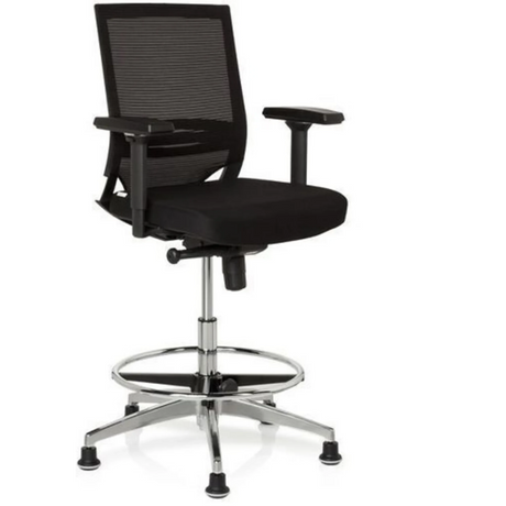 Sedia da banco TOP WORK 77 nera con schienale in rete, poggiapiedi e struttura in metallo lucido di hjh OFFICE