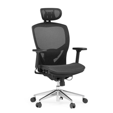 High-end Sedia da ufficio VENUS ONE con rivestimento in rete nera, poggiatesta e base argentata di hjh OFFICE