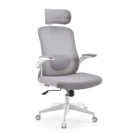 Sedia Home Office Vertuflex in grigio con schienale in rete, poggiatesta e struttura bianca di MyBuero