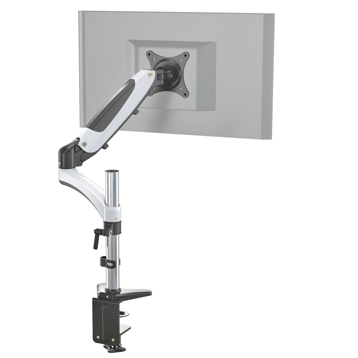 Supporto per monitor VM-MG1 in bianco e nero con braccio girevole flessibile e fissaggio al tavolo di hjh OFFICE