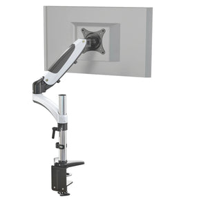 Supporto per monitor VM-MG1 in bianco e nero con braccio girevole flessibile e fissaggio al tavolo di hjh OFFICE