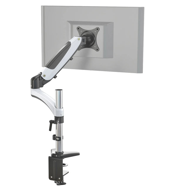 Supporto per monitor VM-MG1 in bianco e nero con braccio girevole flessibile e fissaggio al tavolo di hjh OFFICE