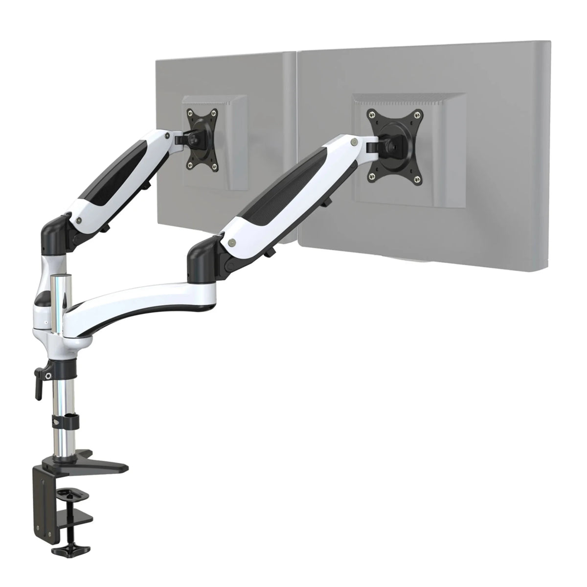Supporto per monitor VM-MG2 in bianco-nero per due schermi con fissaggio al tavolo di hjh OFFICE