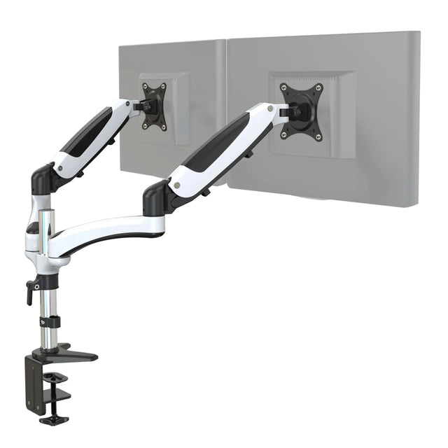 Supporto per monitor VM-MG2 in bianco-nero per due schermi con fissaggio al tavolo di hjh OFFICE