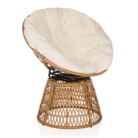 Sedia da esterno beige WEAVORA con struttura in rattan intrecciato e morbido cuscino per seduta di hjh LIVING