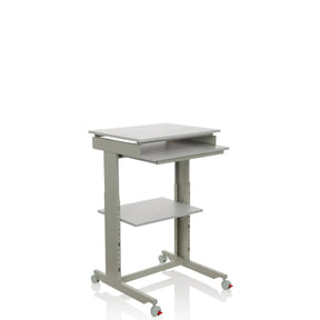 Scrivania in piedi WORKSTATION grigia con vassoio per tastiera, un ripiano e ruote di hjh OFFICE