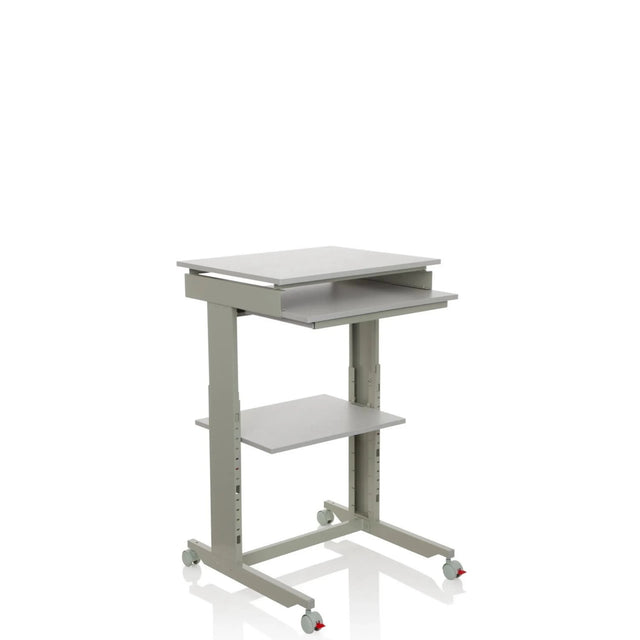 Scrivania in piedi WORKSTATION grigia con vassoio per tastiera, un ripiano e ruote di hjh OFFICE