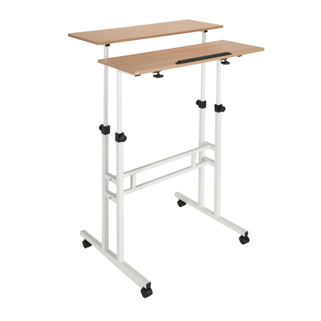 Scrivania in piedi WORKSTATION I in bianco e rovere con due superfici di lavoro e ruote di hjh OFFICE