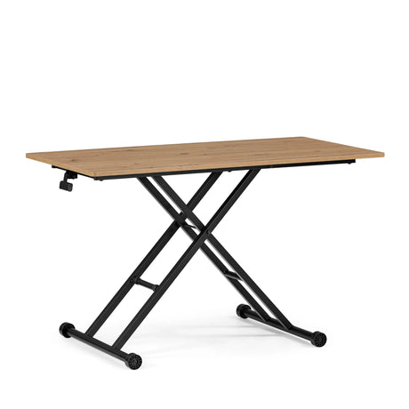 Höhenverstellbarer Schreibtisch Worktime Lift mit eichenfarbener Platte und schwarzem X-Gestell auf Rollen von hjh OFFICE
